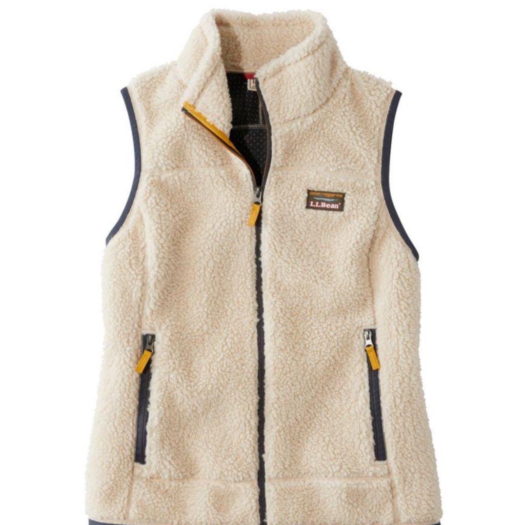L.L. Bean Cream Sherpa Fleece Vest With Navy Trim And Yellow Accents